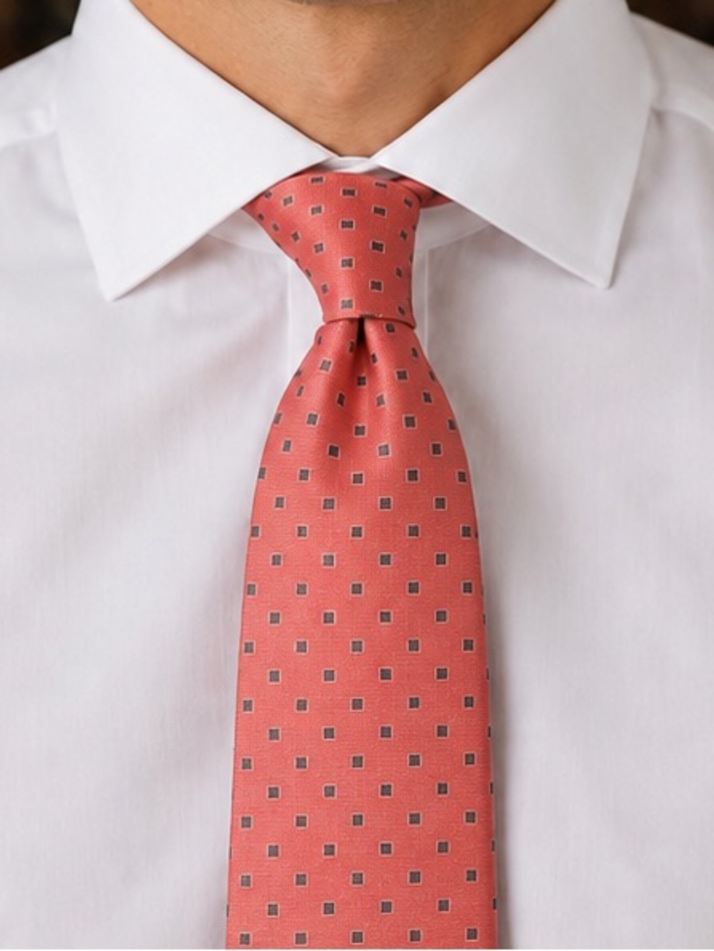 Kiton Silk Salmon Tie with Green Geometric Repeating Pattern